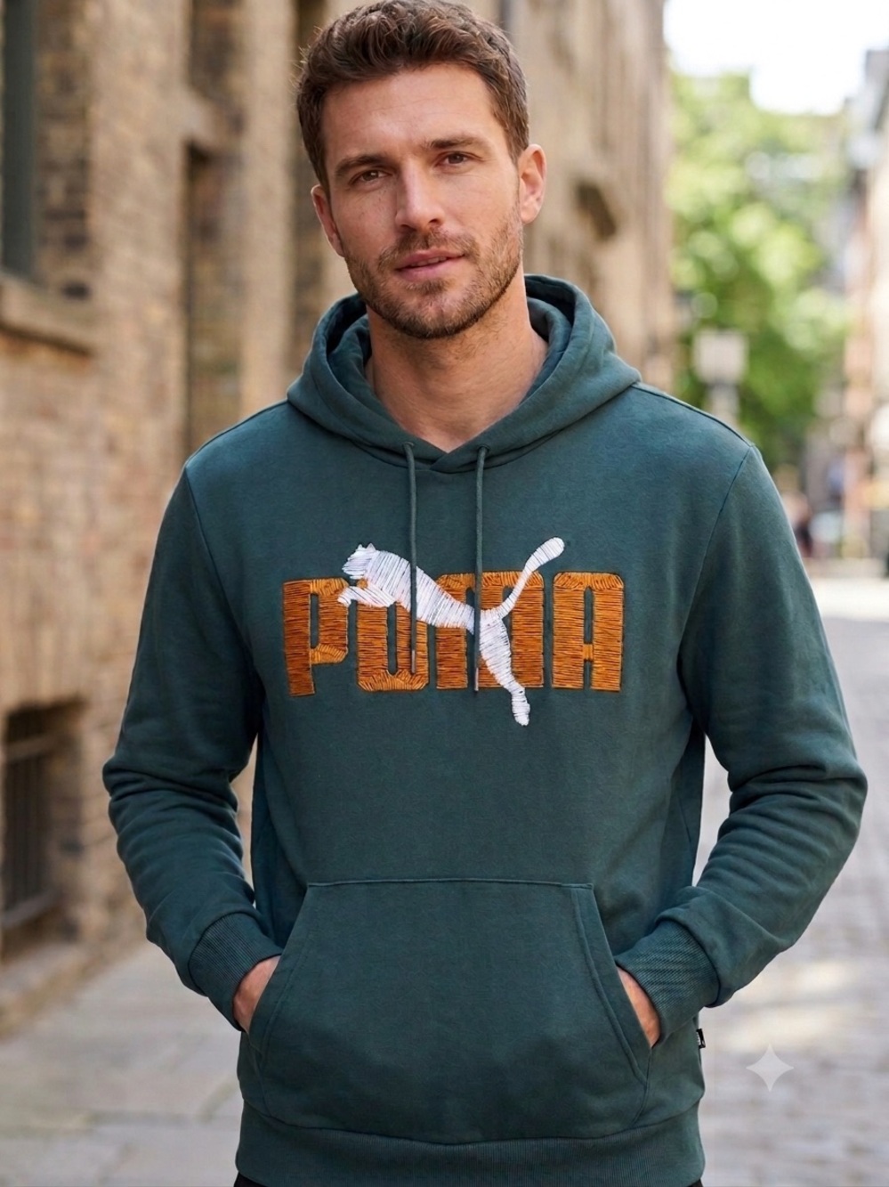 PUMA Men’s Structured Graphic Logo Pullover Hoodie Green Orange Size XXL